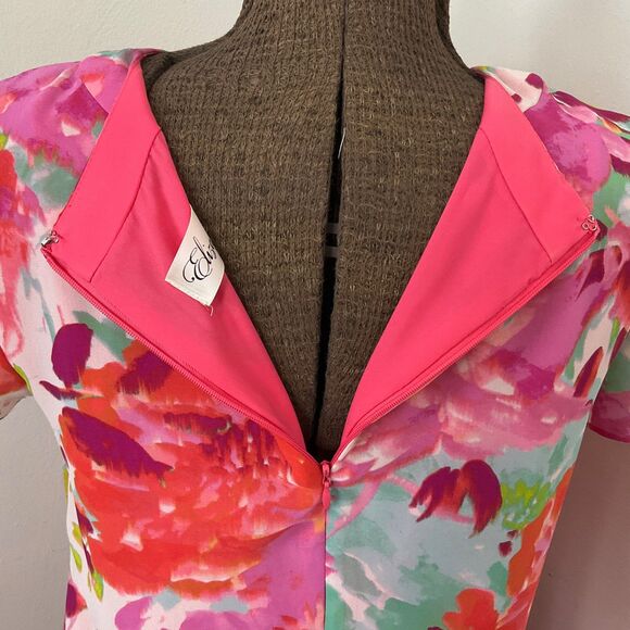 Eliza J Pink and Orange Floral Water Color Short Sleeve Shift Dress Size 6 - Picture 10 of 12